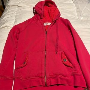 Jcrew fleece hoodie, size small in pink. (XX)